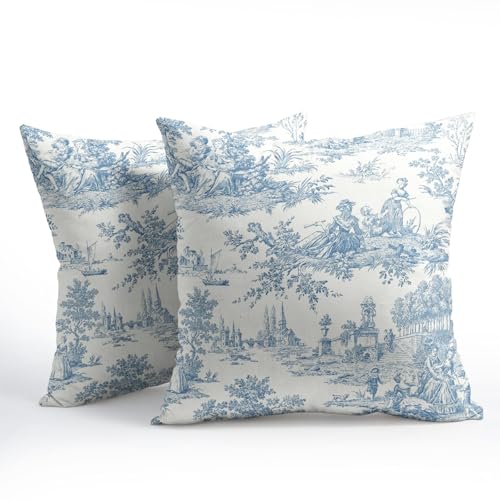 Blue White Vintage Pillow Covers 22x22 Inch French Country Throw Pillows for Couch Farmhouse Soft Durable Cushion Covers Pillowcase Rustic Retro Pillow Cases for Bed Patio Outdoor Decor Set of 2 - color: Blue French, size: 22" x 22" (Pack of 2)