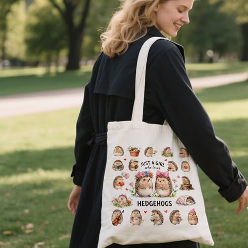 ANATTASOUL Canvas Tote Bag Reusable Cotton Bag for Women, Large 14.96"x 15.74" Cloth Shoulder Bags with Zipper Pockets - style: Hedgehog and Flowers