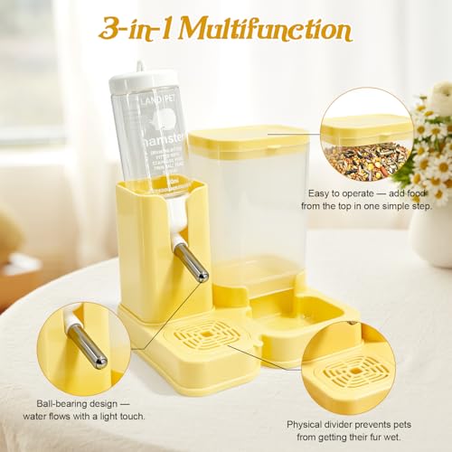 Hamster Water Bottle 2-in-1, 80ml Top-Fill Water Dispenser & 320ml Food Feeder, BPA-Free Anti-Leak Small Animal Cage Accessories for Hamster Gerbil Mouse (Yellow)