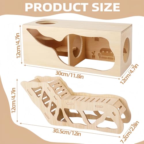 2Pcs Hamster House and Tunnel, Wooden Exploring Tunnel with Ladder, Small Animal Playground Exploring Toys for Syrian Dwarf Hamsters Gerbils Guinea Pig(Style1) - color: Style1