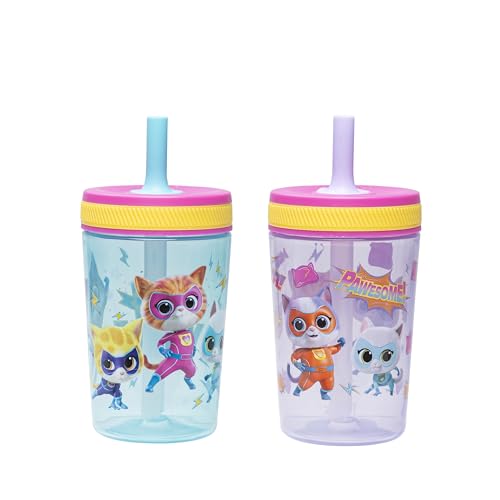 Zak Designs Disney SuperKitties Kelso Toddler Tumblers For Travel or At Home, 15oz 2-Pack Durable Plastic Sippy Cups With Leak-Proof Design is Perfect For Kids (Ginny, Sparks, Buddy, Bitsy) | BPA Free, Plastic, Sippy Cups, Cup Holder Friendly, Dishwasher