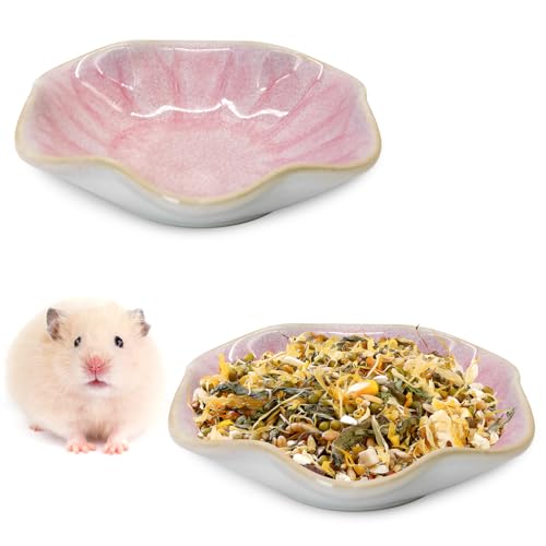 BNOSDM Shallow Ceramic Hamster Food Dish 2 Pcs Small Animals Food Bowl Lotus Feeding Dishes for Gerbils Mice Rats 4.5in (Pink) - color: Pink Lotus