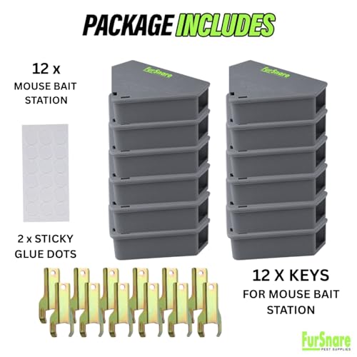 Furnsnare Mouse Bait Station (12 Pack) - Bait Boxes for Mice and Rats with Lockable Keys - Weatherproof Outdoor Mouse Bait Stations- Safe for Kids & Pets - size: 12 Pack