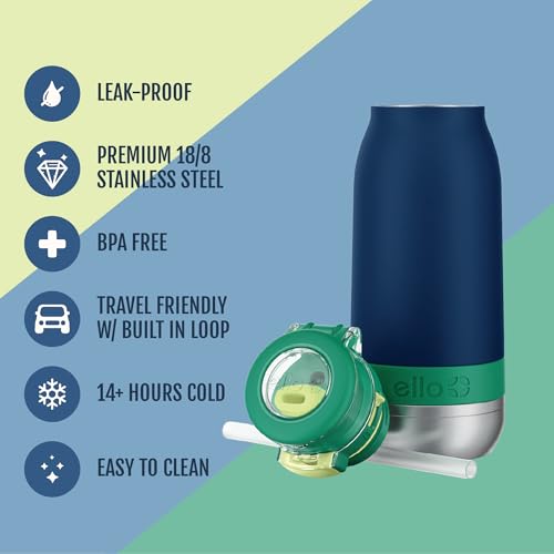 Ello Emma 14oz Insulated Stainless Kids Water Bottle with Straw, Tidal Wave | Insulated stainless steel kids water bottle with straw, leakproof locking lid, carry handle, and cold drinks for school - color: Tidal Wave