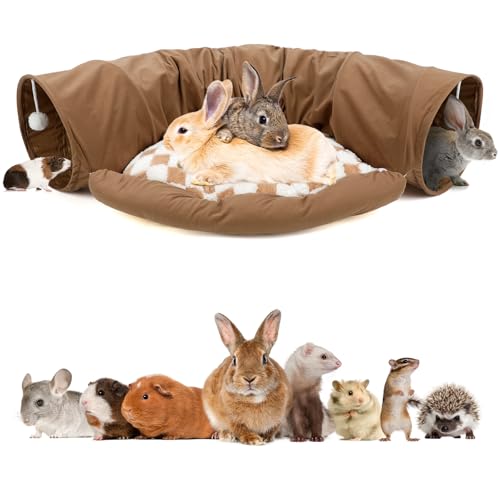 BWOGUE Bunny Tunnel Bed, Collapsible Rabbit Tunnel Hideout with Mat, Coffee | Removable Mat for Washing, Ball Toy for Play, Tunnel Tubes for Hiding, Soft Suede Fabric, Cats Rabbits Guinea Pigs - color: Coffee
