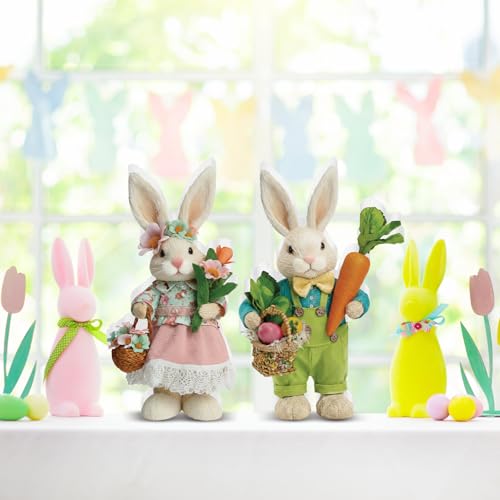 DoubleFill 2 Pcs Easter Bunny Figurine Easter Wooden Bunny Figurines Table Decoration for Spring Gifts Home Office Centerpiece Decor Party Supplies - style: Trendy Style