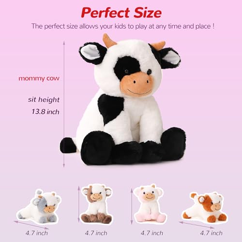Cow Stuffed Animals Mommy with 4 Baby Cows Toys Gifts for Girls Children | Cute Stuffed Plush Toys Set for Toddlers Kids Ages 0-8+, Christmas Birthday Baby Shower Party Decor Storytime Companion Gifts - style: Cow