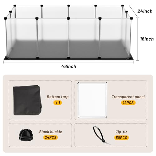 Tresbro Guinea Pig Cage with Waterproof Mat & 12 Transparent Panels, Bunny Enclosure and Indoor Guinea Pig Playpen 48''L x 24''W x 16''H, Small Animal Playpen for Hamster, Hedgehog, Kitten, Rabbit - size: 12 Panels with flat mat