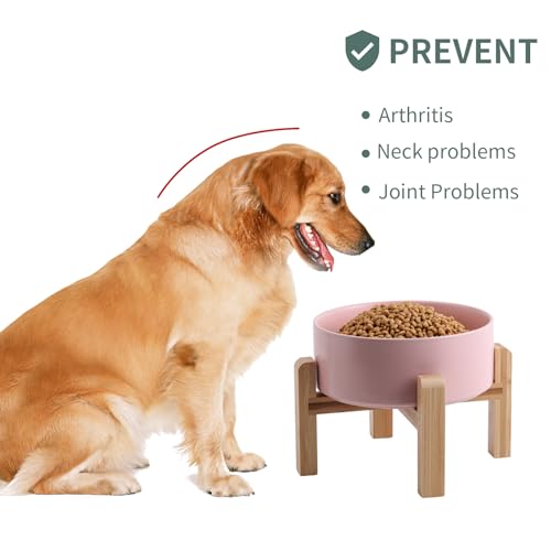 Pink Raised/Elevated Ceramic Dog Bowl for Small Medium Sized Breeds,Dog Food Water Bowl with Stand,6 in Non Slip Heavy Pet Feeding Dish 3.6 Cups/ 850 ml /28 OZ - color: Pink, size: 6 in