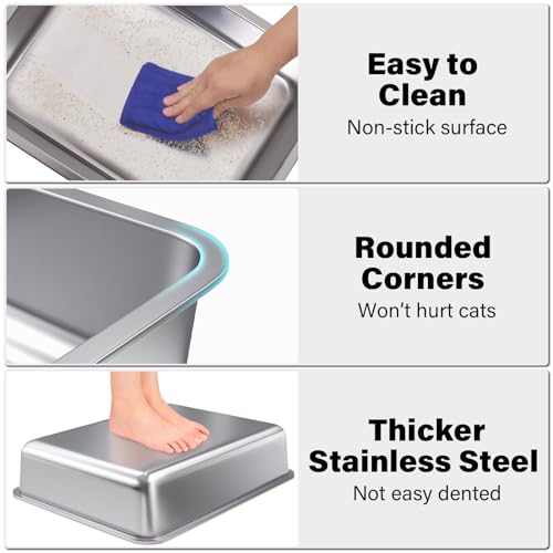 Stainless Steel Litter Box, Metal Litter Boxes 17.7" x 13.7" x 4",Small Litter Box for Kittens,Easy Entry Easy Clean Non Stick No Smell for Senior Cats or Short Legged Cat/Bunny - size: 1 pack-Small-Medium(17.7"x13.7"x4")