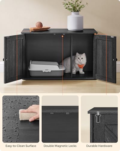 Feandrea Cat Litter Box Enclosure, Litter Box Furniture Hidden with Removable Divider, Indoor Cat House, End Table, 31.5 x 20.9 x 19.7 Inches, Ink Black UPCL002B01 - color: Ink Black, size: L (31.5"L x 20.9"W x 19.7"H)