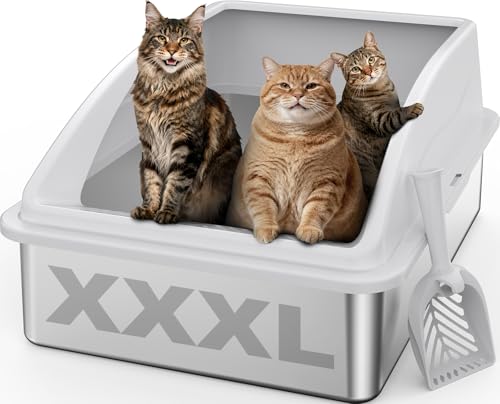 AIPERRO Stainless Steel Litter Box Extra Large for Big Cats and Multi-Cats | Jumbo Extra Large Metal Cat Box with High Sided Lid, Anti-Urine Leakage, Non-Stick,Include Litter Scoop - color: Silver Grey, size: XXX-Large