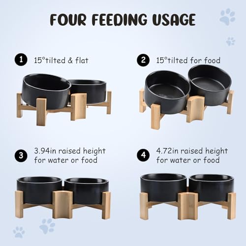 SPUNKYJUNKY 15° Slanted Ceramic Dog and Cat Bowl with Wooden Stand, Tilted Bulldog Food and Water Bowl No Slip Non-Spill for Cats Medium Dogs Big Face Pets 28.7 OZ (3.6 Cups, Black × 2) - color: Black, size: 3.6 CUPS × 2