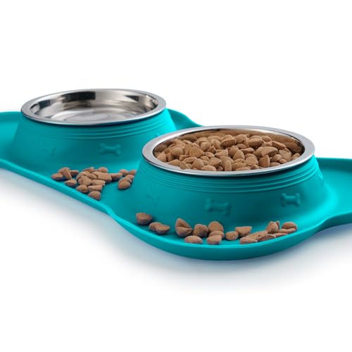 Hubulk Pet Dog Bowls 2 Stainless Steel Dog Bowl with No Spill Non-Skid Silicone Mat + Pet Food Scoop Water and Food Feeder Bowls for Feeding Small Medium Large Dogs Cats Puppies (Medium, Green) - color: Green, size: Medium