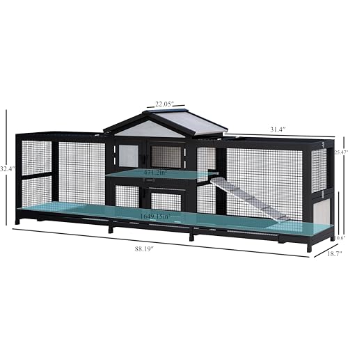 89" Wooden Rabbit Hutch Bunny Cage Pet Playpen House Enclosure with Double Side Run Boxes, Ramp, for Guinea Pig and Small Animals, Black - size: 89 inch