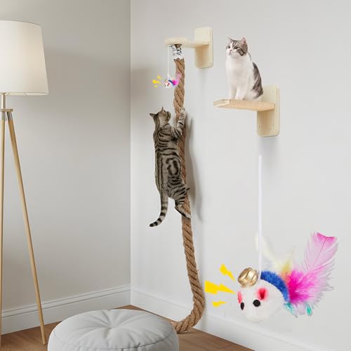 Weysat 2" x 4.92 ft Cat Climbing Rope with 2 Jumping Platform Wall Mounted Thick Jute Cat Scratching Post Furniture Wall Climbing System for Kittens & Large Cats(Wood,with Toys) - color: Wood, style: with Toys