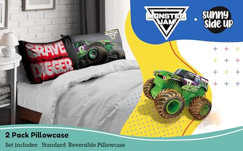 Sunny Side Up Monster Jam Grave Digger 2 Pack Reversible Pillowcases - Double Sided Pillow Covers, Kids Super Soft Trucks Bedding - color: Black - Monster Jam