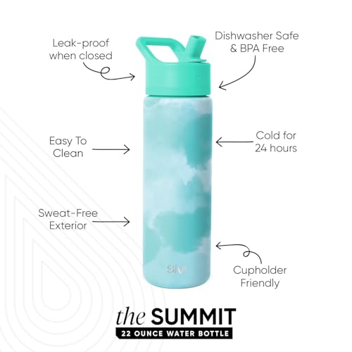 Simple Modern Insulated Water Bottle with Straw | 22oz | Tie Dye | Summit Stainless Steel Water Bottles, Metal Cup | Leak Proof for School, Gym, Travel, Sports | Ocean Tide - color: Pattern: Ocean Tide, style: 22oz