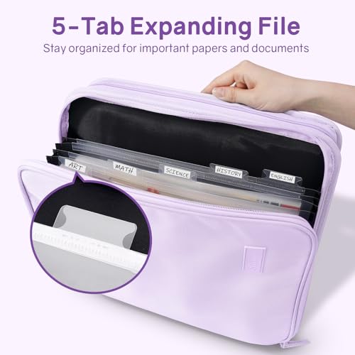 SUNEE Zippered Binder Bag with Handle, 2-Inch 3-Ring O-Ring, 500-Sheet Capacity, Includes Zip Pocket, 5-Tab Expanding File Folder, Multi-Pocket Organizer Binder for Middle School, Lavender Purple - color: Lavender Purple