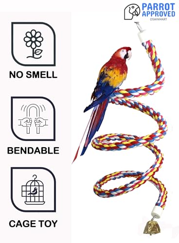 2PCSx 79inch(200cm) Bird Spiral Rope with Golden Bell Perches Birdcage Swing Toys 100% Cotton Natural Bird Perch Peck/Chewing Climbing Standing Bungee Parrot Toys for Regular to Large Size Parrot - size: 79 inches (2 pieces)