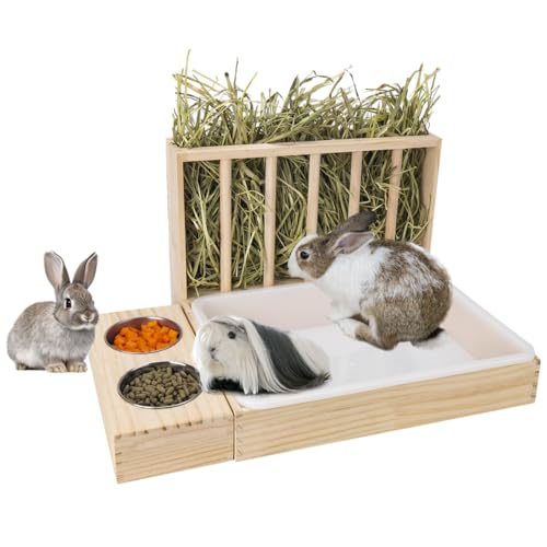 BESNEW 3 in 1 Rabbit Hay Feeder with Litter Box,Wooden Hay Feeder with 2 Bowls & Litter Box for Guinea Pig Chinchilla Bunny Other Small Animals,Large Capacity & Preventing Waste - color: Natural 1, size: 15.7in Style1