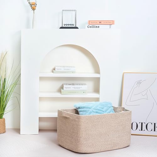 22in Extra Large Blanket Basket Holder Living Room, Rectangle Rope Woven Storage Basket with Handles for Laundry, Pool Towels, and Shoes, Dog Toy Organizer Bin Box, Oatmeal Brown - color: Oatmeal Brown