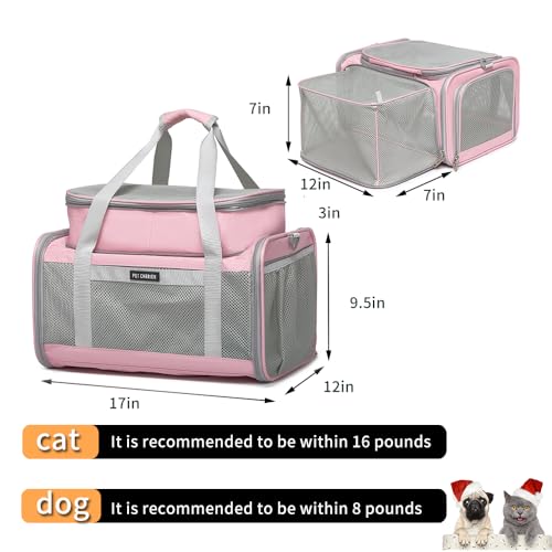 Airline Approved Pet Carrier for Cats and Small Dogs up to 15 lbs, Breathable Mesh, Portable Travel Bag for Bearded Dragon, Puppies Animal Hangbag, Rabbit Cage (Pink, Expandable)