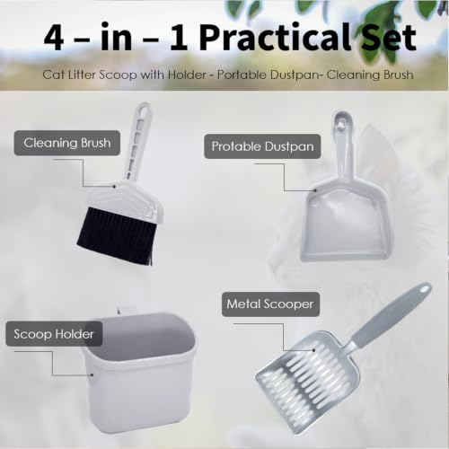 4-in-1 Cat Litter Scoop with Holder, Cat Litter Box Organizer Cleanup Kit - Portable Small Broom and Dustpan Set, Metal Kitty Litter Scooper and Storage Caddy (Gray) - color: #01 - Gray Handle