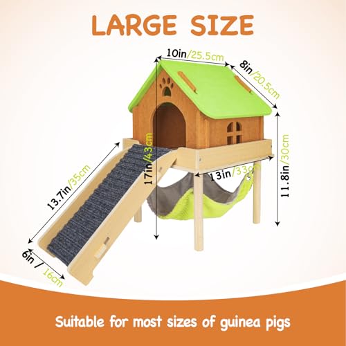 BESNEW 3 in 1 Enlarged Guinea Pig Hammock with House & Platform,Wooden Guinea Pig Hideout with Hammock & Stairs Small Animal Toys for Hiding Sleeping Activities - style: Hammock with ramp & house