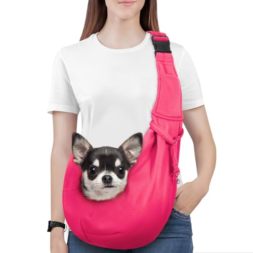 Pawaboo Small Dog Sling Carrier,for 3-10 lbs Pets, Magenta | Reversible Hands Free,Safety Buckle,Storage Pocket,Machine Washable for Travel Outdoor Activities - color: Magenta - Up to 12lbs