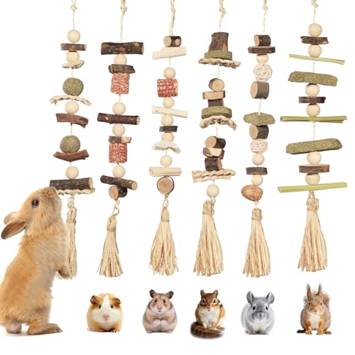 6PCS Hanging Bunny Chew Toys, Natural Apple Wood Rabbit Chews | Teeth Grinding & Dental Health, Small Animal Wooden Cage Toy for Guinea Pigs, Hamsters, Chinchillas, Ferrets, Rats, Gerbils