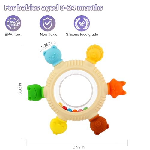 Baby Teething Rings Toys for 0-6 6-12 Months Animal Rattle Teether Toy | Sensory Toys for Babies 0-24Months Silicone Teether Relief Chew Soothing Sore Gums for Newborn Infant Essentials BPA Free