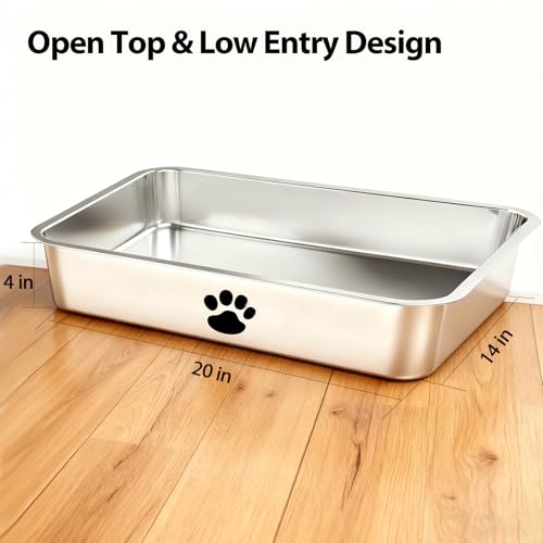 Stainless Steel Cat Litter Box, Large Metal Litter Pan,Low Entry for Cats and Kitty Rabbits,Elder Cats,Easy Clean, Non Stick Litter Box, No Smell - size: 20" x 14" x 4"