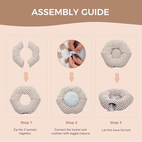 PEQULTI Brown Donut Cat Tunnel Bed Washable Plush Mat Multi for Small Pets | Round play tube with soft detachable plush mat, multi-pet toy fit indoor cats, kittens, puppies, rabbits and ferrets - color: Brown
