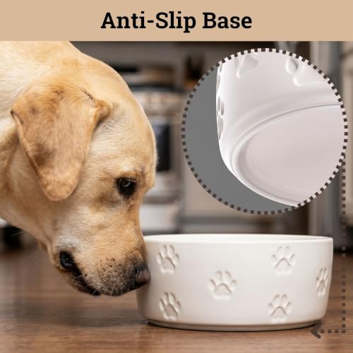 Ceramic Dog Bowl Set of 2 with Anti-Skid Base 7.5" W x 3" H, 6 Cup Capacity | Thick Ceramic, Dishwasher Safe, Anti-Skid Rubber Base, 6 Cups per Bowl, Ceramic Food & Water Bowls Set of 2 for Large Dogs - color: White, size: Large