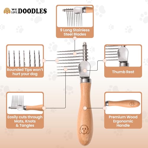 Dematting Rake for Dogs, Detangling, Grooming Tool For Matted Pet Hair | Best for Doodles, Poodles, Goldendoodles, Mat Remover, Undercoat Rake, Detangler Brush for Dogs, Comb Tool for Grooming - size: Dematting Rake Regular