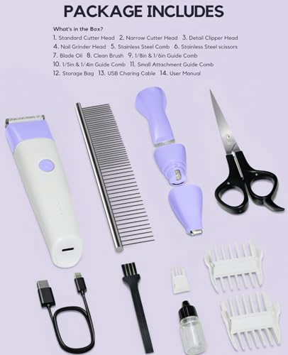 Dog Clippers Grooming Kit, 4 in 1 Quiet Cordless Dog Paw Trimmer & Nail Grinder, Small Cat Clippers Electric Rechargeable Low Noise Pet Shaver for Trimming Hair on Paw Eye Ear Face (Purple) | Quiet Cordless Dog Hair Trimmer for Paw Nail Grinder, Cat Groom