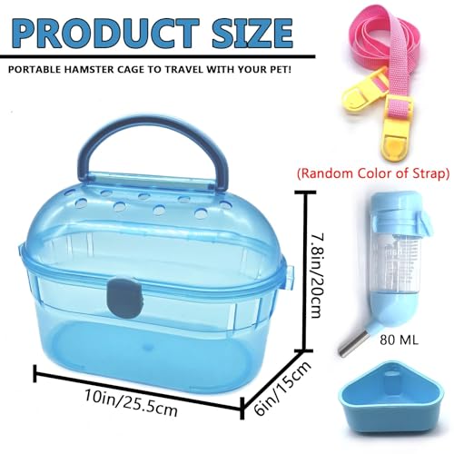 Portable Hamster Cage Syrian Hamster Carry Travel Cage with Water Bottle Food Bowl Adjustable Strap Pet Outgoing Cages for Gerbil Squirrel Guinea Pig Hedgehog Chinchilla - color: Blue | Hamster Carriers