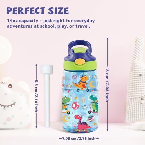 Kids Plastic Water Bottle - Dinosaur Water Bottles for Kids, 14oz Plastic Water Bottles with Straw Lid, Leakproof BPA-Free Dinosaur Water Bottle for Home Sports Travel, Pop-Up Straw Cover, Blue - color: Dino