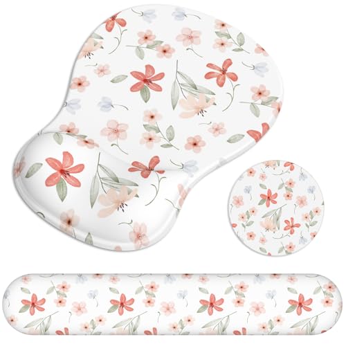 Ergonomic Mouse Pad with Wrist Rest and Keyboard Wrist Rest, Gel Mousepad and Wrist Rest for Computer Keyboard, Pain Relief, Non-Slip PU Base, Mouse Pad with Wrist Support for Gaming, Orange Flowers - color: Pink Flower