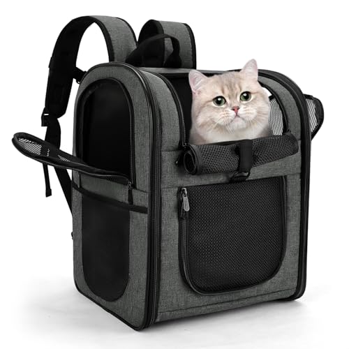 Apollo Walker Cat Carrier Backpack for Small Dogs and Cats Up to 18 lb | Side Pockets, Four-Sided Breathable Mesh, Stability Package, Removable Pad,3D back panel,Thickened shoulder straps - color: gray