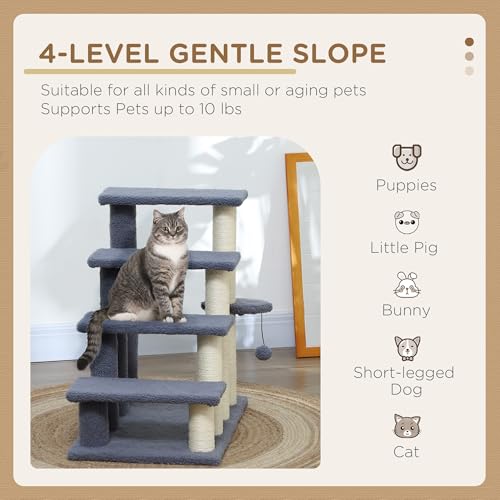 PawHut 4 Levels Cat Steps Pet Stairs Carpeted Ladder for High Bed Gray | Kitten Tree Climber, Scratching Posts, Hanging Play Ball, Side Step, for Sofa - color: Gray