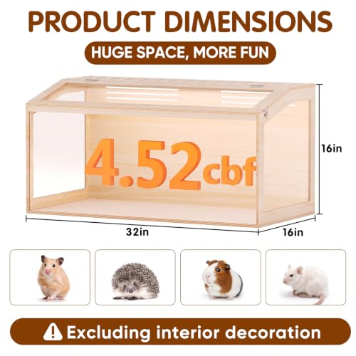 Wooden Hamster Cage, 32inch Large Hamster Enclosure with Openable Top & Stabilized Acrylic for Small Animals, Guinea Pig, Rabbit, Rat, 32" L x 16''W x 16''H Hamster Habitat with Multi-Vent - size: 32.0"L x 16.0"W x 16.0"H