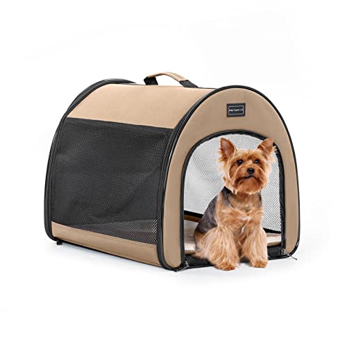 PETSFIT Portable Dog Crate, Travel Dog Crate - 19 Inch Lightweight, Roomy, Easy to Set Up, Sturdy Collapsible Dog Kennel with Thick Mat, Khaki - color: Khaki, size: 16.5"L x 16.0"W x 19.0"H