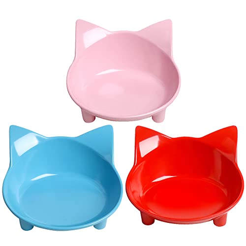 Set of Cat and Dog Bowls - Non Slip, Shallow Food and Water Bowls for Pets (Cats, Dogs, Rabbits, Puppies), Safe Food - Grade to Relieve Whisker Fatigue - color: 3Red+Pink+Blue
