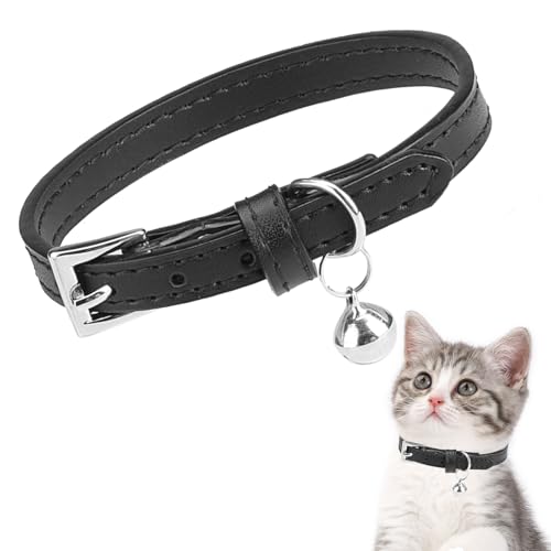 PUPTECK Soft Genuine Leather Cat Kitten Collar with Bells Adjustable for Girl Boy Cats Puppy - Black - color: Deep Black