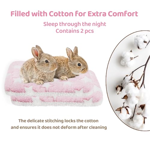 Amakunft 2 Pcs Guinea Pig Bed Mat Washable, Rabbit Winter Bed Pad for Indoor, Warm Small Animal Bed Mattres, Fleece Sleeping Pad for Bunny, Rat, Hedgehog, Sugar Glider, Chinchilla (Pink Star, Large) - size: Large
