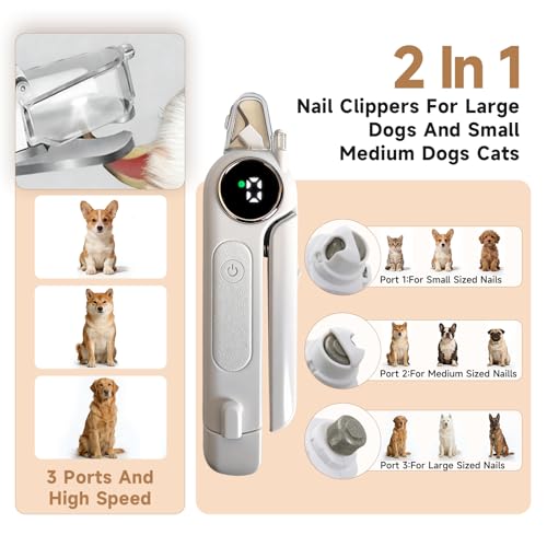 2-in-1 Dogs Cats Nail Electric Clipper & Grinder Quiet, Pet Nail Trimmers | Electric Nail Clippers with Light for Large Medium Small Dog & Cat, 3 Speed Grinder Nail Clipping Safety Guard Rechargeable