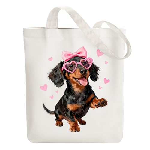 ANATTASOUL Canvas Tote Bag Reusable Cotton Bag for Women, Large 14.96"x 15.74" Cloth Shoulder Bags with Zipper Pockets - style: Glasses Puppy