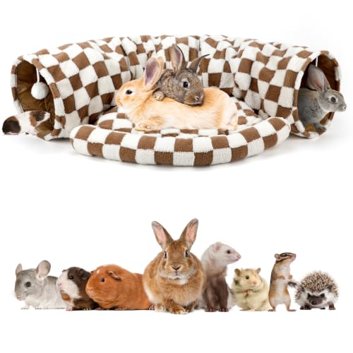 BWOGUE Bunny Tunnel Bed, Brown Plaid 2-in-1 Rabbit Tunnel Hideout with Mat | Removable Mat for Washing, Ball Toy for Play, Tunnel Tubes for Hiding, Soft Suede Fabric, Cats Rabbits Guinea Pigs - color: Brown Checks